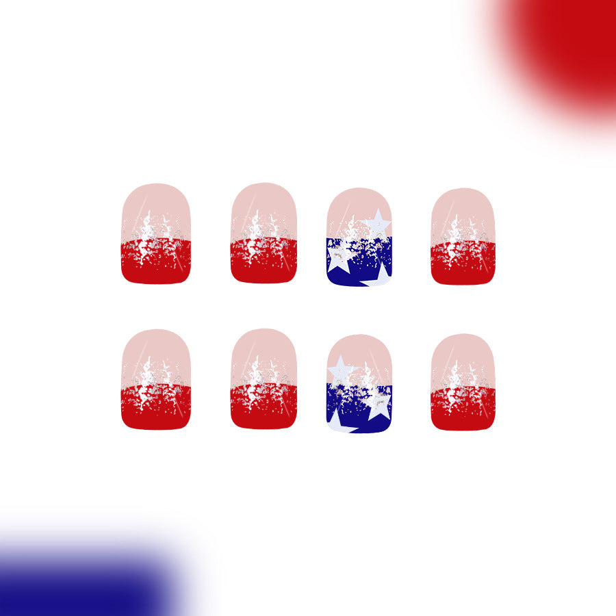 Festive Winter Wonderland Short Square Red and Blue Gradient Press On Nail Set with Unique Snowy Design