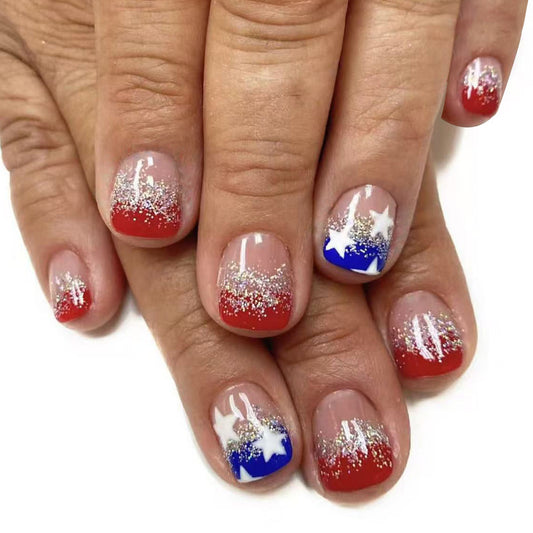 Patriotic Glamour Short Square Red and Blue with Glittery Star Accents Press on Nail Set