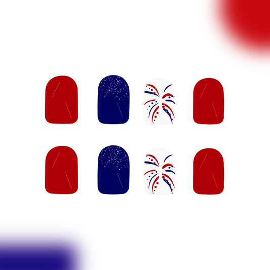 Celebration Sparkle Short Square Red and Blue Press on Nail Set with Unique Firework Design