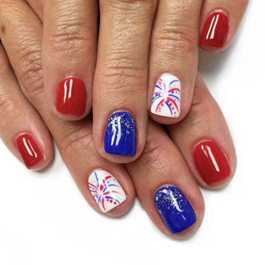 Patriotic Celebration Glossy Short Square Red Blue Sparkle Fireworks Press-On Nail Set