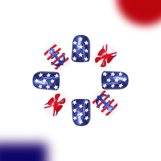 Patriotic Sparkle Short Square Blue with Star and Bow Designs Press-On Nail Set