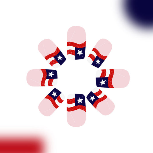 Patriotic Glamour Medium Square Red and Blue Star Patterned Press on Nail Set