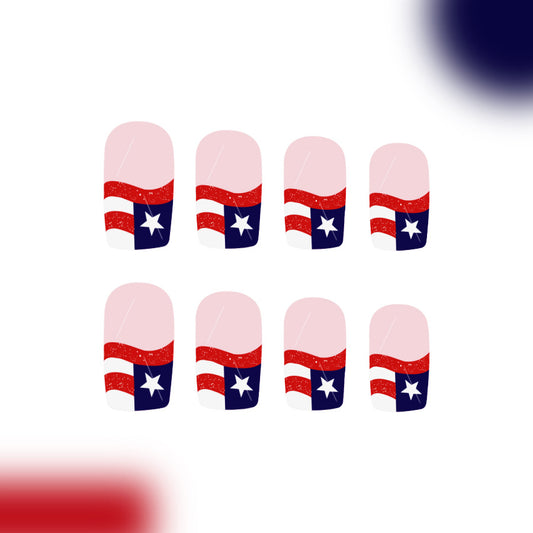 Patriotic Glamour Medium Square Pink and Navy Blue Glitter Star Design Press on Nail Set