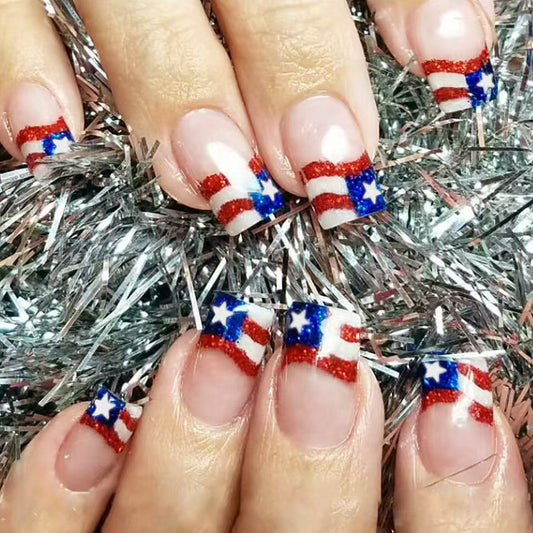 Patriotic Celebration Medium Square Glittered Red White and Blue Press On Nail Set
