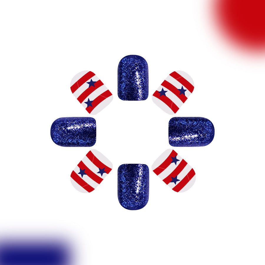 Festive Starry Night Medium Square Glitter Blue Red Striped Press-On Nail Set