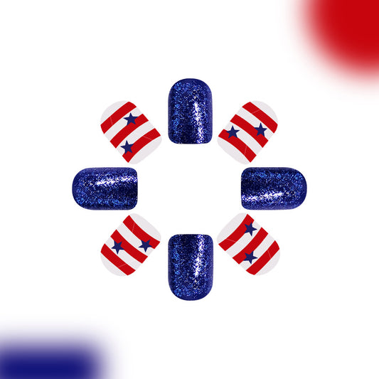 Festive Starry Night Medium Square Glitter Blue Red Striped Press-On Nail Set