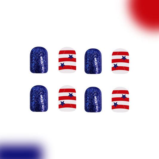 Patriotic Sparkle Medium Square Navy Blue and Striped Red White Feature with Star Designs Nail Set