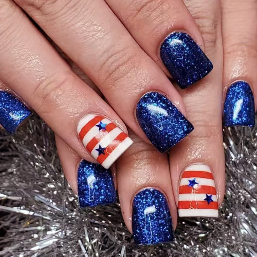 Patriotic Sparkle Medium Square Royal Blue Glitter Press On Nail Set with Striped American Flag Accent Design