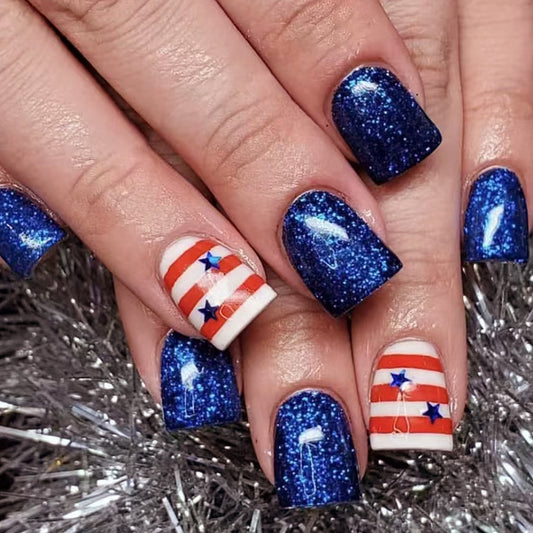 Patriotic Sparkle Medium Square Royal Blue Glitter Press On Nail Set with Striped American Flag Accent Design