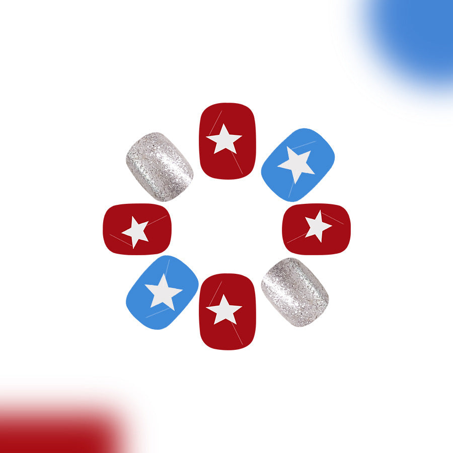 Starry Night Glamour Red and Blue Short Square and Rounded Press on Nails with Shimmering Silver Accents