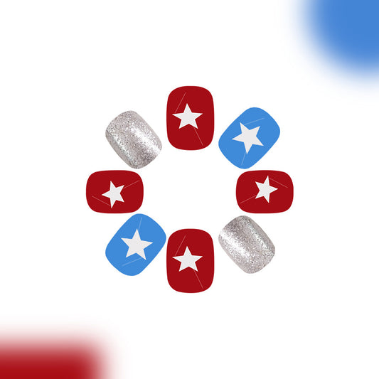 Starry Night Glamour Red and Blue Short Square and Rounded Press on Nails with Shimmering Silver Accents