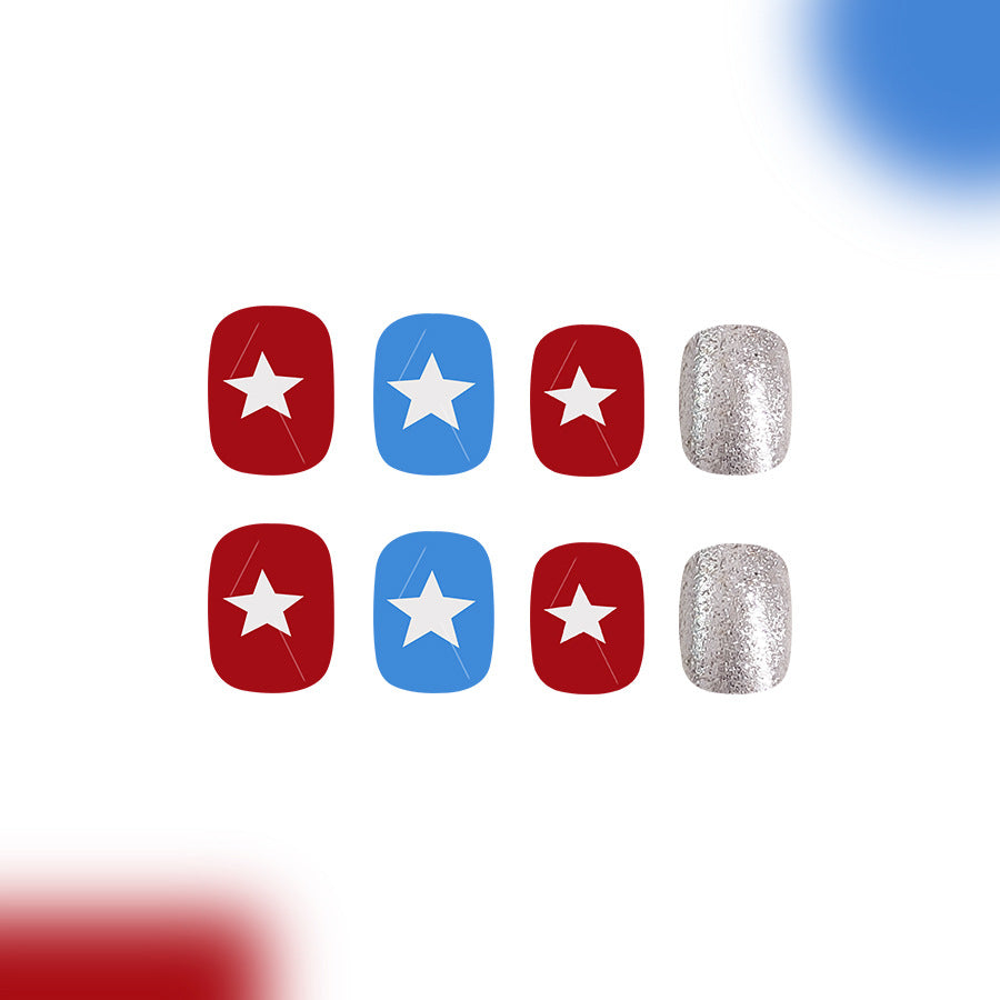 Patriotic Glamour Short Square Red Blue White Stars with Glitter Finish Press-On Nail Set