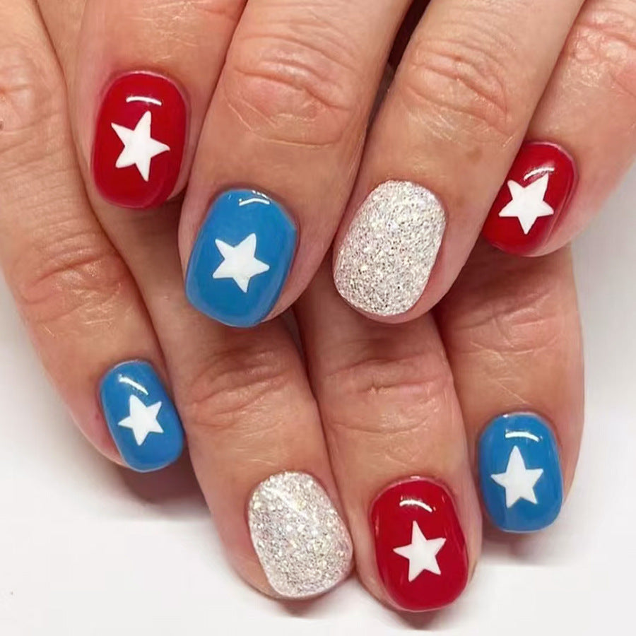 Patriotic Starry Night Short Square Glossy Red and Blue with Glittering Silver Accents Press-On Nail Set