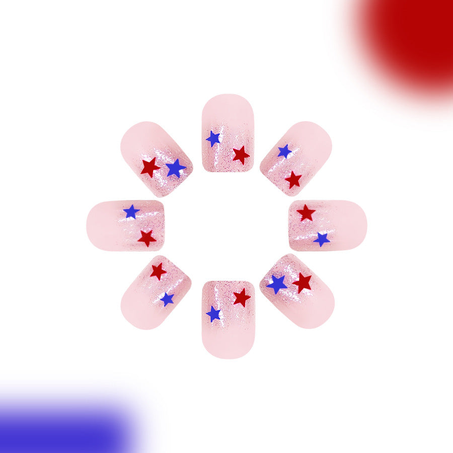 Starry Night Charm Short Square Pink with Red and Blue Stars Glitter Press On Nail Set