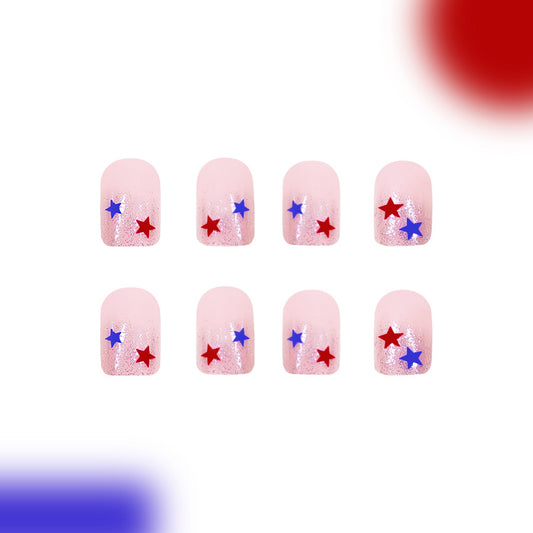 Celestial Celebration Press On Nail Set Short Square Pink with Red and Blue Star Accents