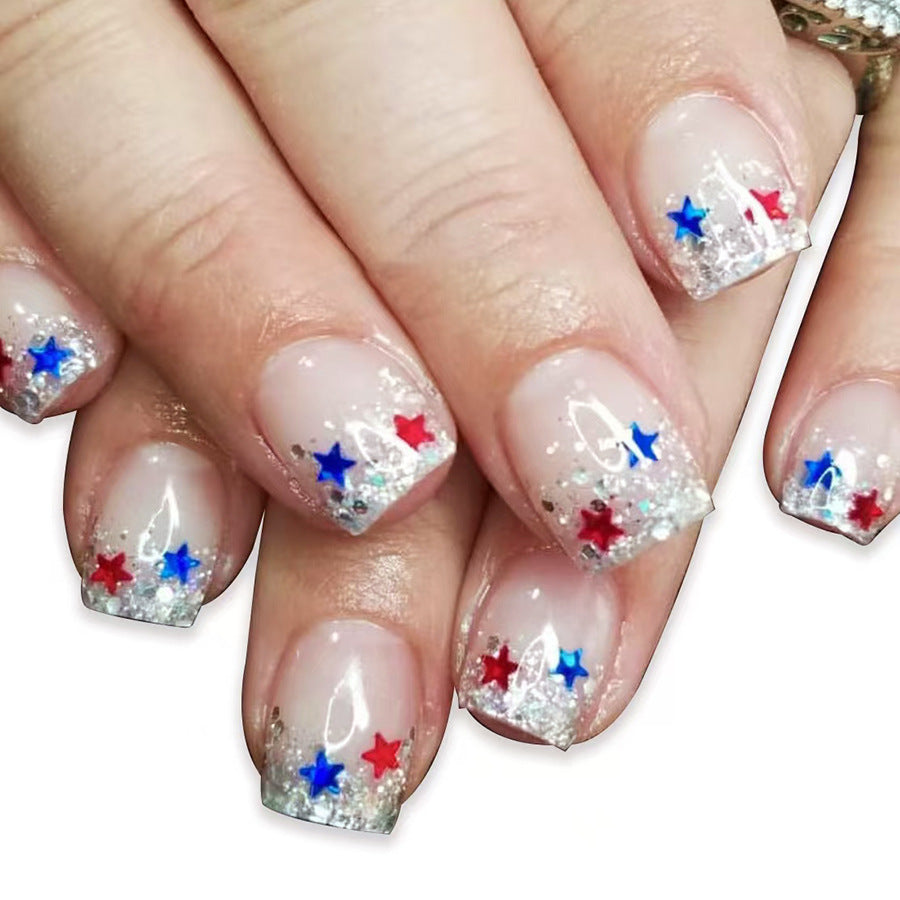Patriotic Glamour Short Square Clear with Glitter and Star Accents Press-On Nail Set