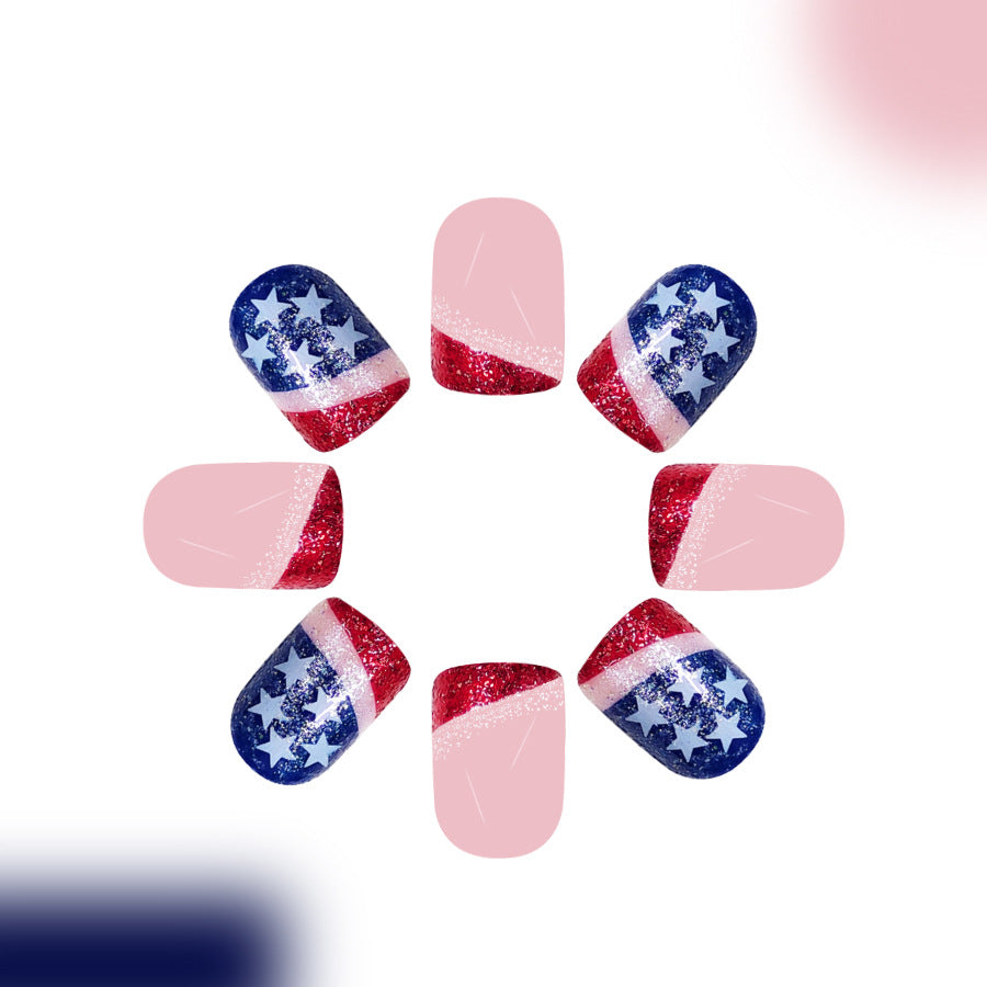 Patriotic Glamour Short Square Red White and Blue Glitter Design Press on Nail Set