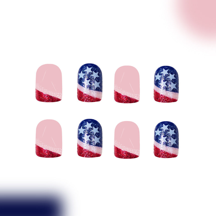 Patriotic Celebration Short Square Pink and Blue Glitter Star Press On Nail Set