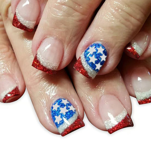 Patriotic Glamour Short Square Red White and Blue Glitter Press On Nail Set