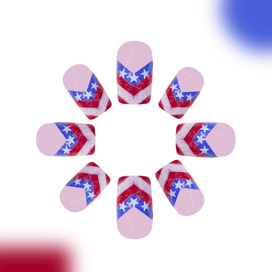 Patriotic Glamour Short Square Red and Blue Star Chevron Press on Nail Set