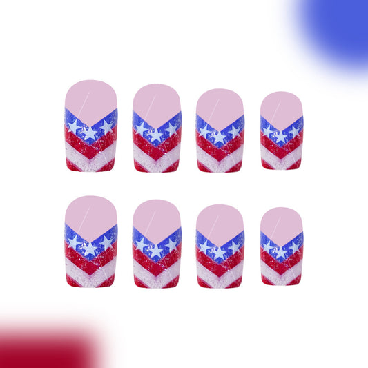 Patriotic Charm Short Square Pink with Red and Blue Chevron Stars Glitter Press On Nail Set