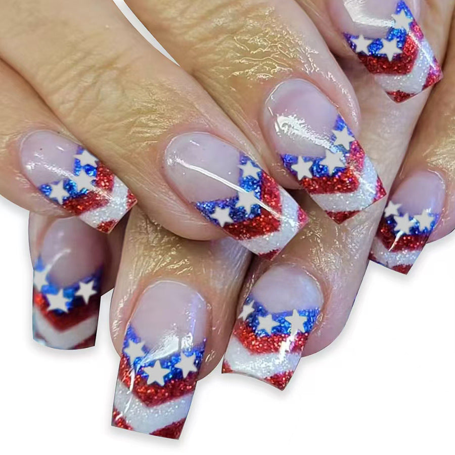 Patriotic Glamour Medium Square Red White Blue Glitter Accent Press On Nail Set