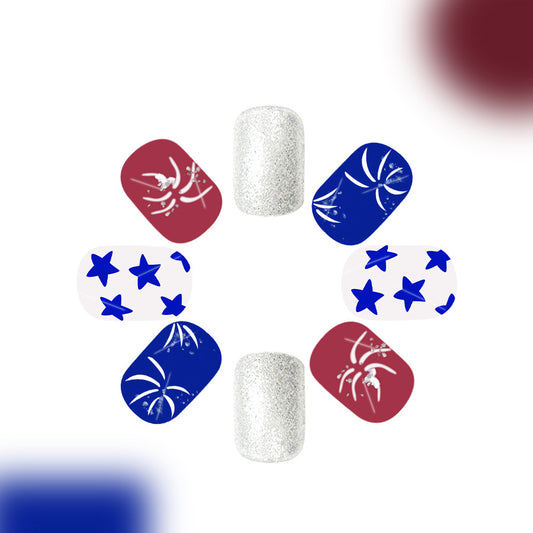 Patriotic Glamour Short Squoval Red White and Blue Sparkling Nail Set with Unique Star and Firework Designs