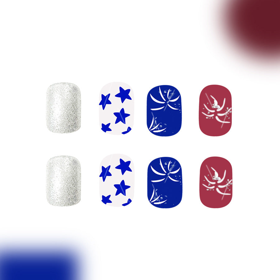 Starry Celebration Short Squoval Silver Blue Red Nail Set with Elegant Floral Design
