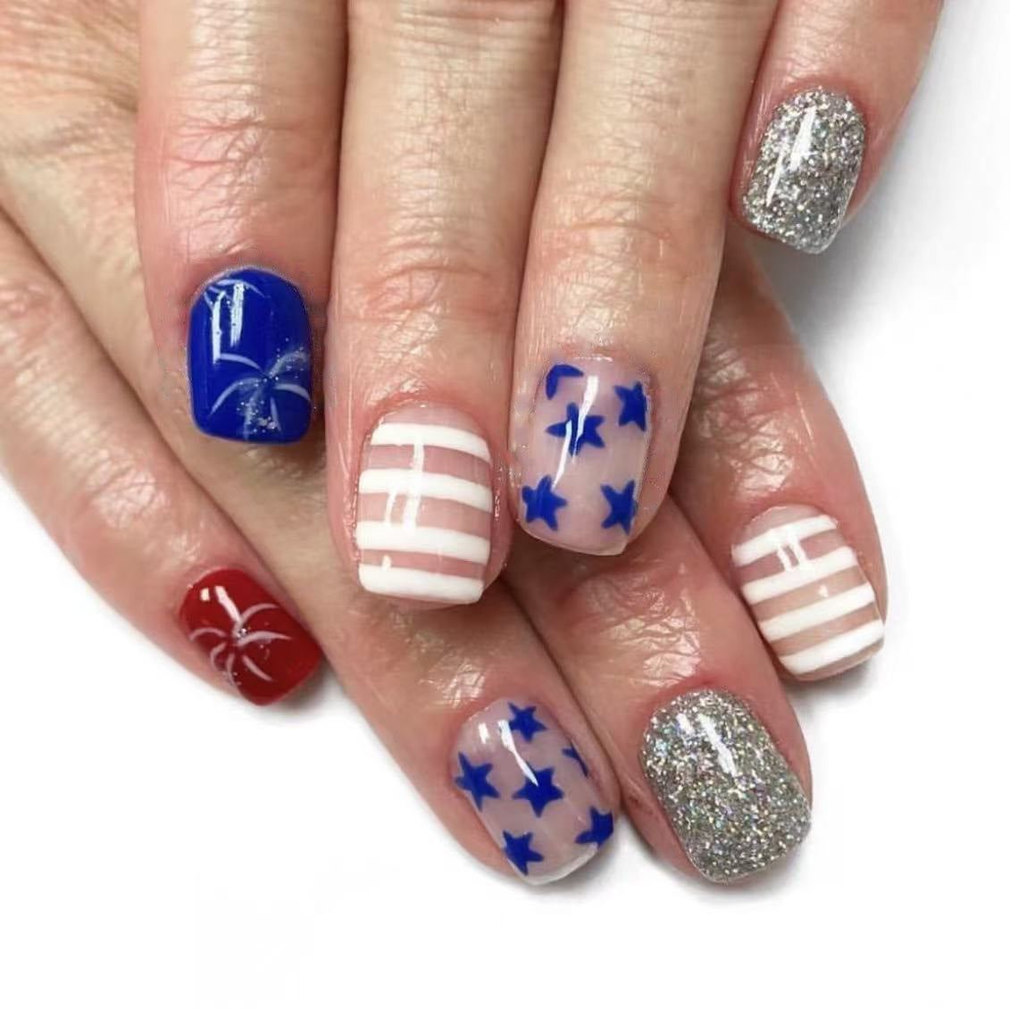 Patriotic Celebration Short Squoval Red and Blue Glamorous Press on Nail Set with Glitter and Star Details