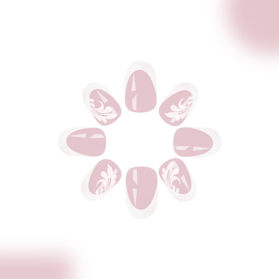 Enchanted Garden Lengthened Medium Oval Blush Pink Design with Elegant Floral Accents Press On Nail Set