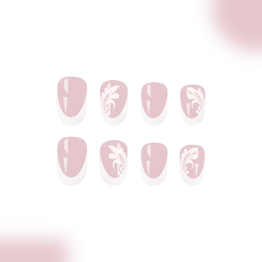 Whimsical Elegance Short Oval Pink Nail Set with Floral Artistry