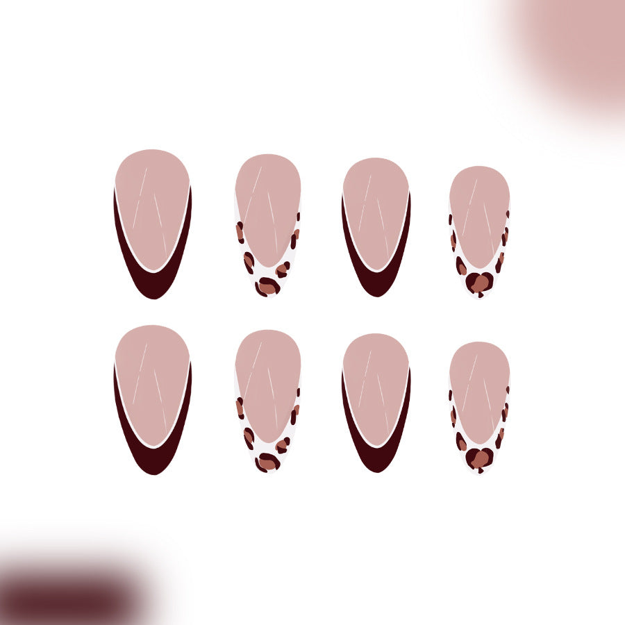 Wildlife Elegance Press On Nail Set Medium Almond Shape Beige and Burgundy Classic Chic with Animal Print Accents