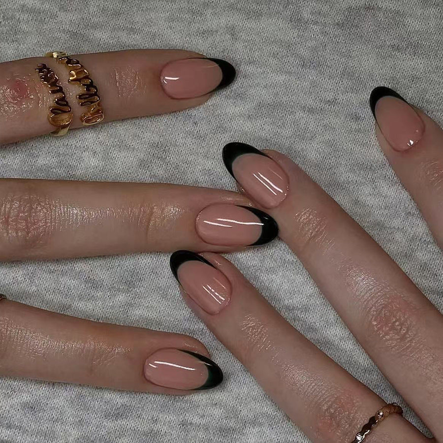 Gothic Chic Medium Almond Pink with Black Tip Design Press On Nail Set
