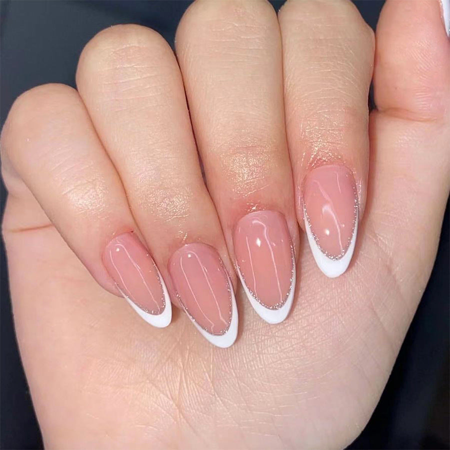 Whimsical Chic Medium Almond Shaped Soft Pink with Elegant White Tips Press On Nail Set