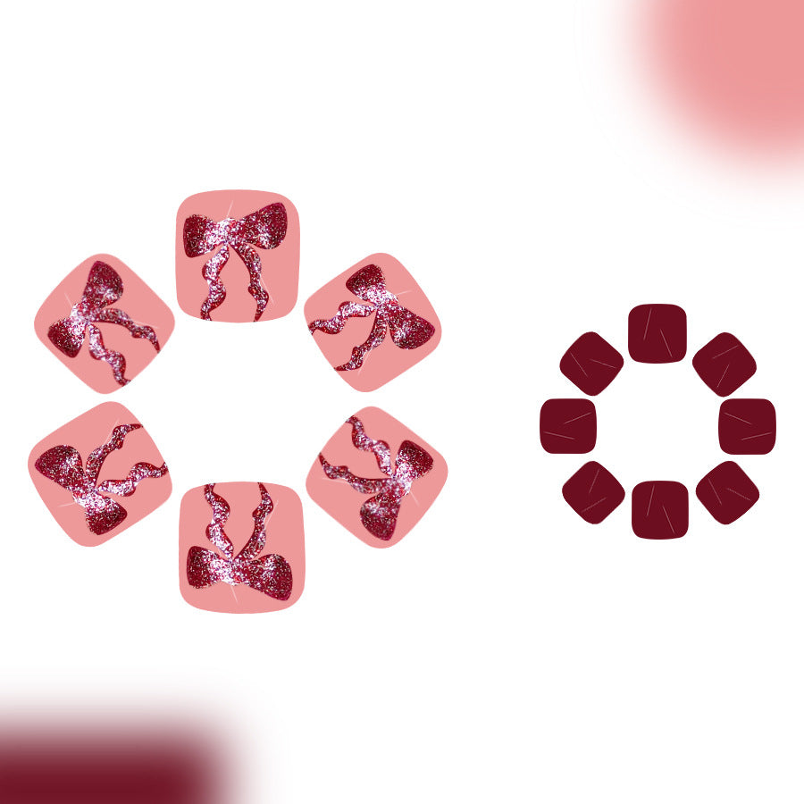 Charming Celebration Short Square Pink Glitter Bow Press On Toenail Set