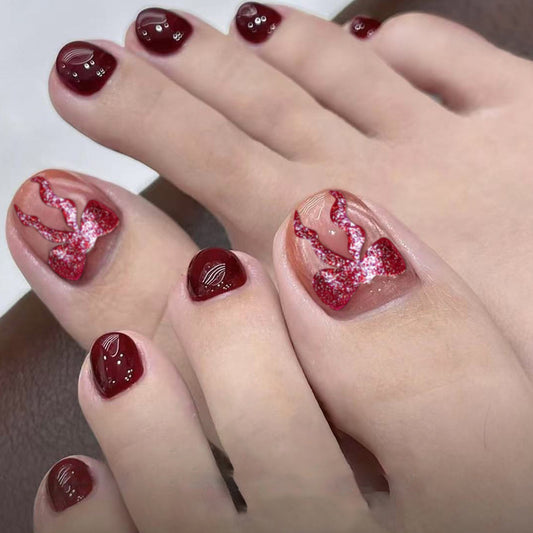 Charming Bow Design Press On Toenail Set in Short Square Burgundy with Glamorous Glitter Accent