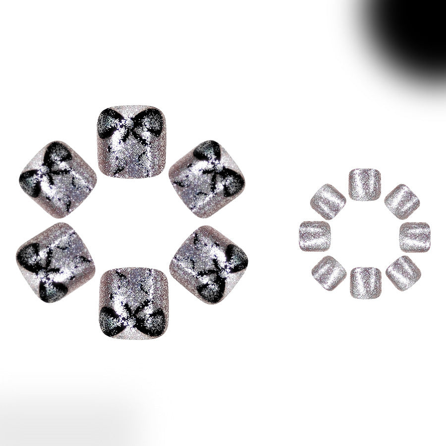 Enchanting Elegance Short Square Glitter Silver Toenail Set with Charming Bow Design