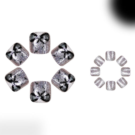 Enchanting Elegance Short Square Glitter Silver Toenail Set with Charming Bow Design