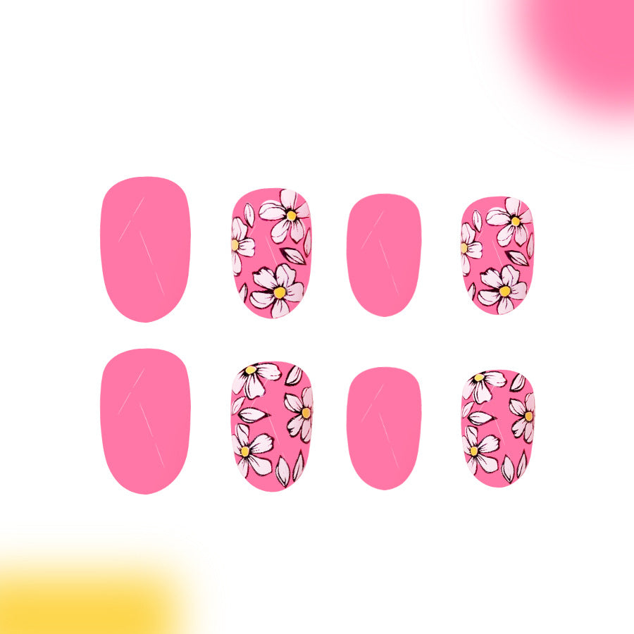 Blossoming Meadow Medium Oval Pink Nails with Floral Design