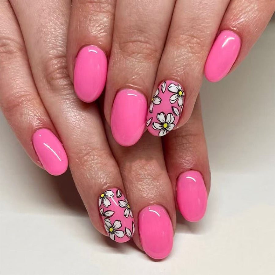 Blossom Bliss Medium Oval Bright Pink Floral Press-On Nail Set