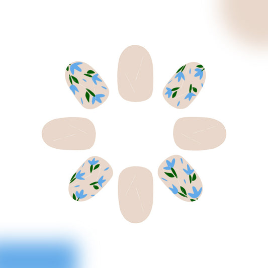 Whimsical Floral Dream Medium Oval Beige with Delicate Blue and Green Floral Accents Press on Nail Set