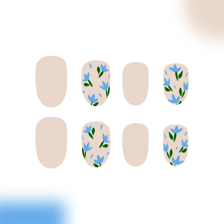 Botanical Bliss Medium Oval Beige Press On Nails with Delicate Floral Design