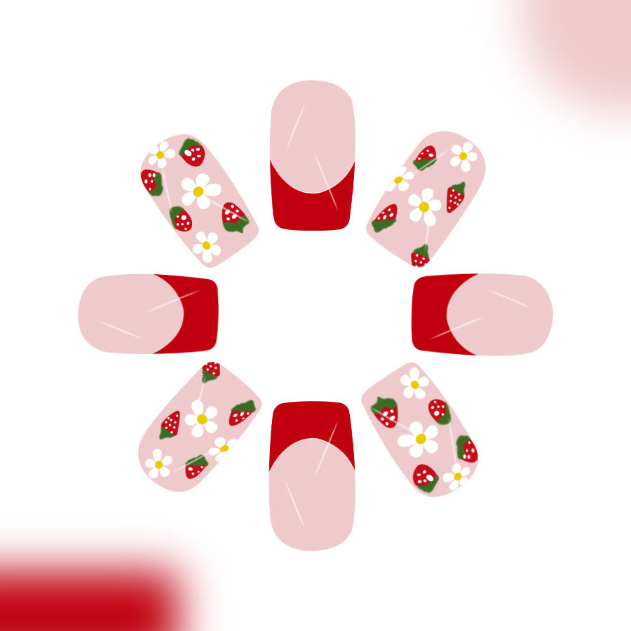 Strawberry Fields Medium Square Pink and Red Floral Design Press On Nail Set