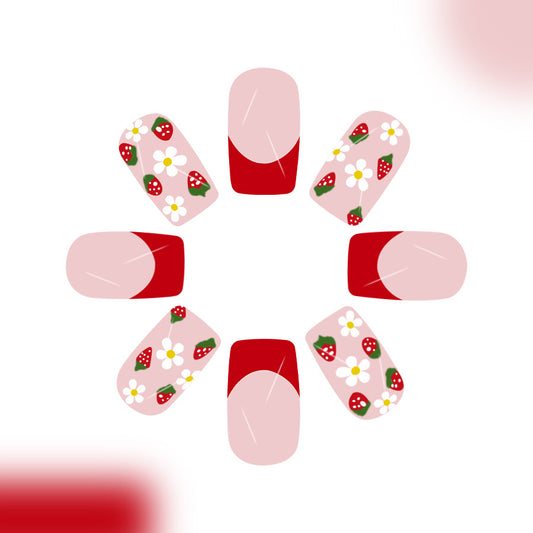 Strawberry Fields Medium Square Pink and Red Floral Design Press On Nail Set