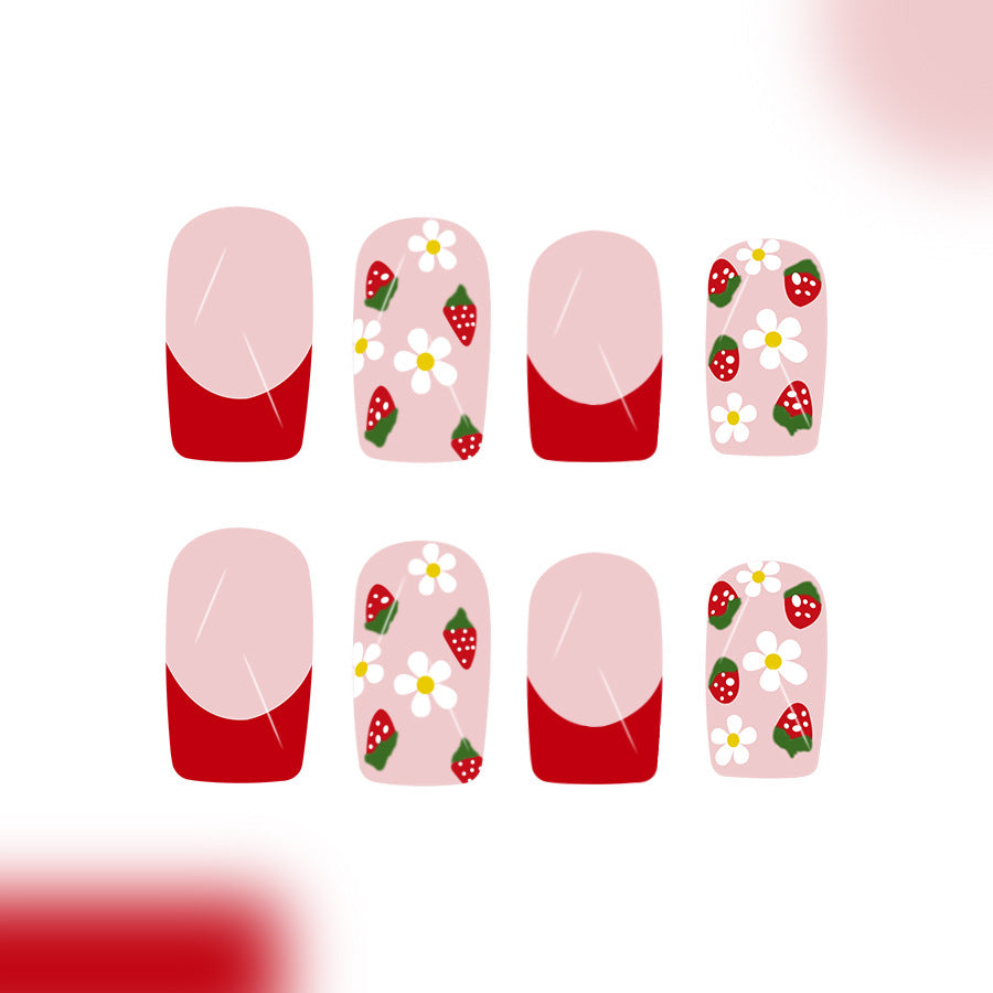 Charming Spring Garden Press On Nail Set in Medium Length Square Shape Soft Pink with Strawberry and Daisy Floral Design