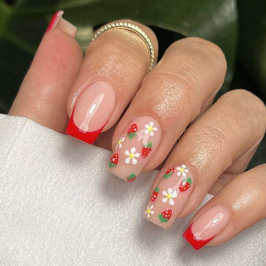Strawberry Delight Medium Square Red Tips with Floral Accents Press on Nail Set