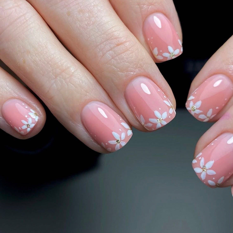 Blossom Delight Short Square Pink Press On Nails with Charming Floral Accents