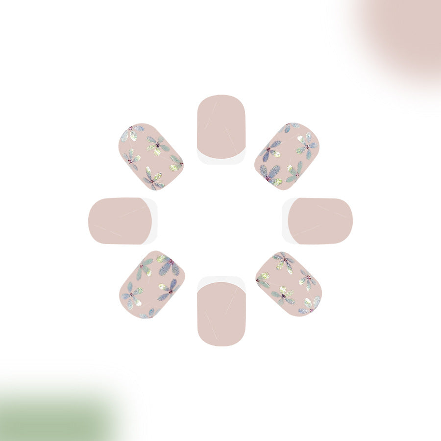 Whimsical Garden Short Square Soft Pink with Iridescent Floral Embellishments Press On Nail Set
