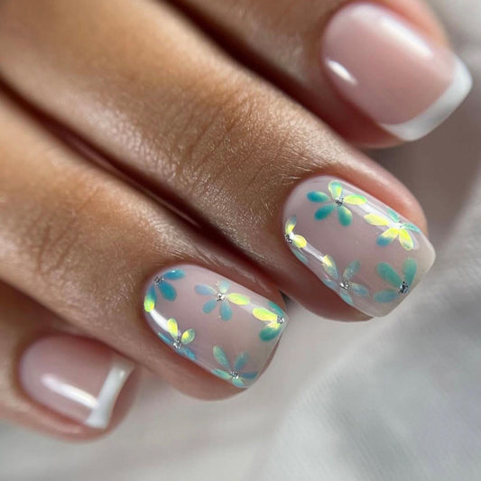 Floral Serenity Short Square Pink Nails with Iridescent Flower Accents