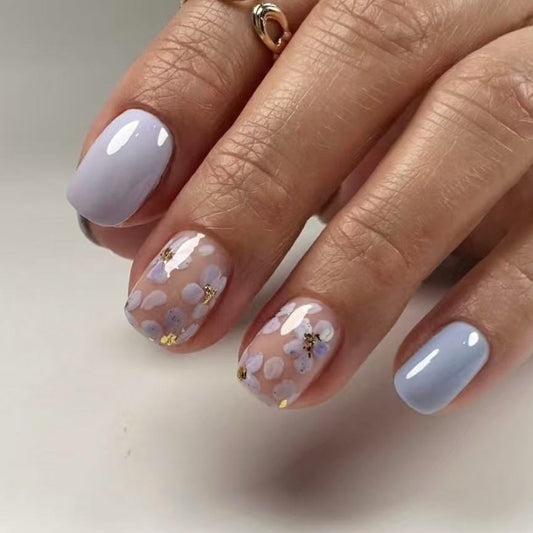 Botanical Bliss Short Square Lavender Press On Nail Set with Floral Accents